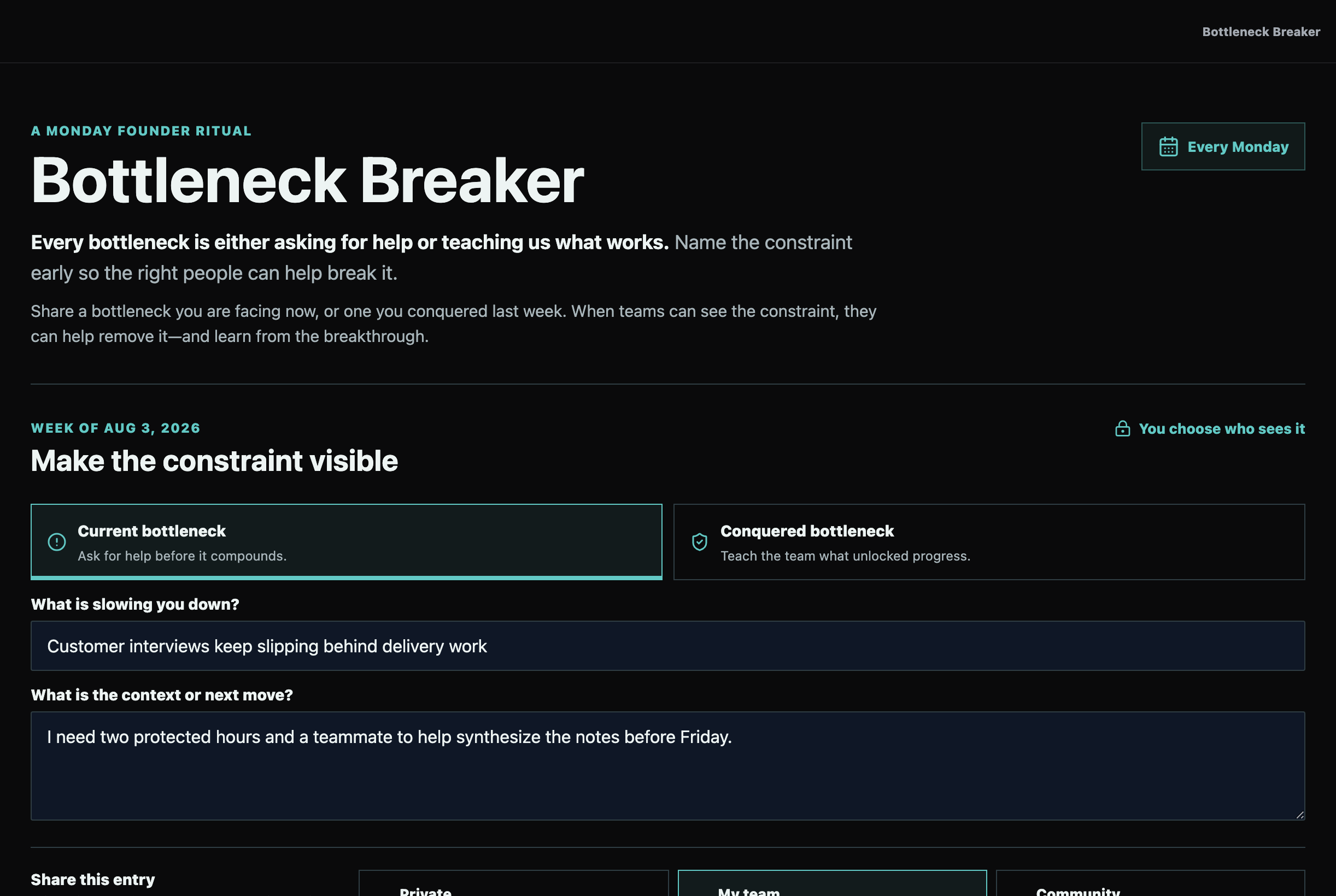 Bottleneck Breaker Monday practice with current constraint and conquered bottlenecks