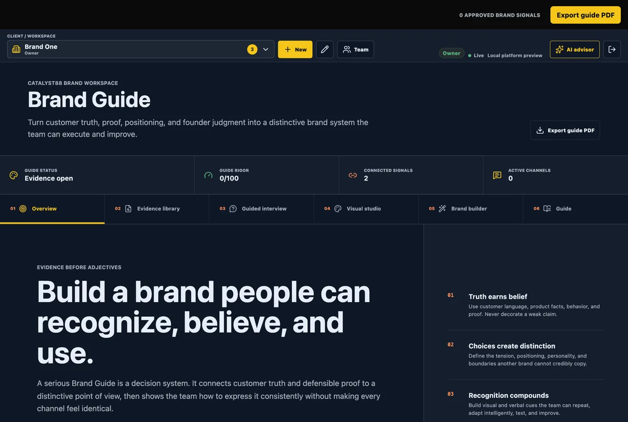 Brand Guide builder for voice, messaging, and visual direction