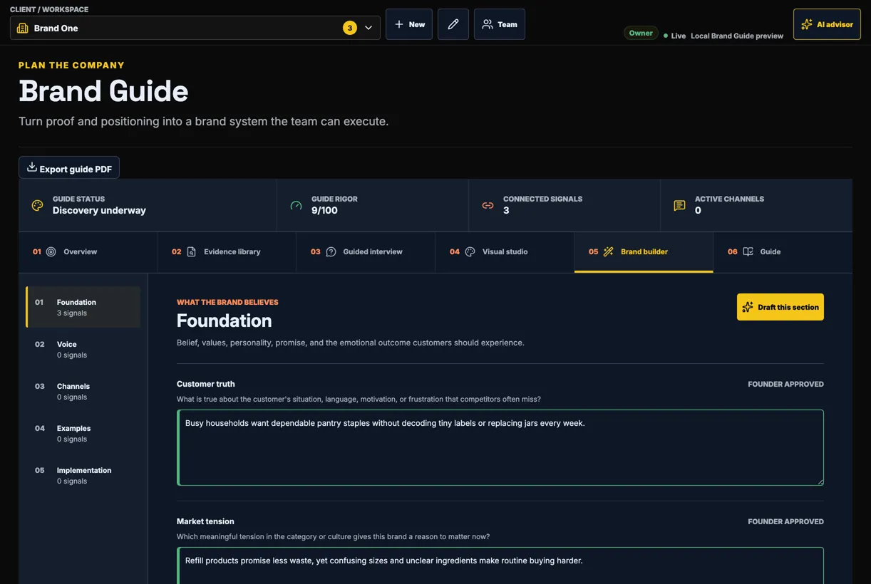 Brand Guide builder for voice, messaging, and visual direction