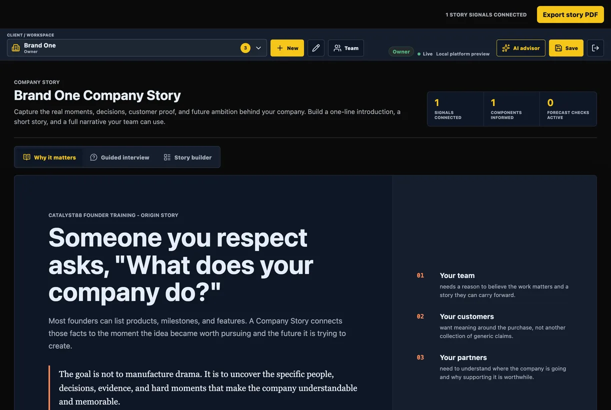 Company Story module for origin, founder perspective, and strategic narrative