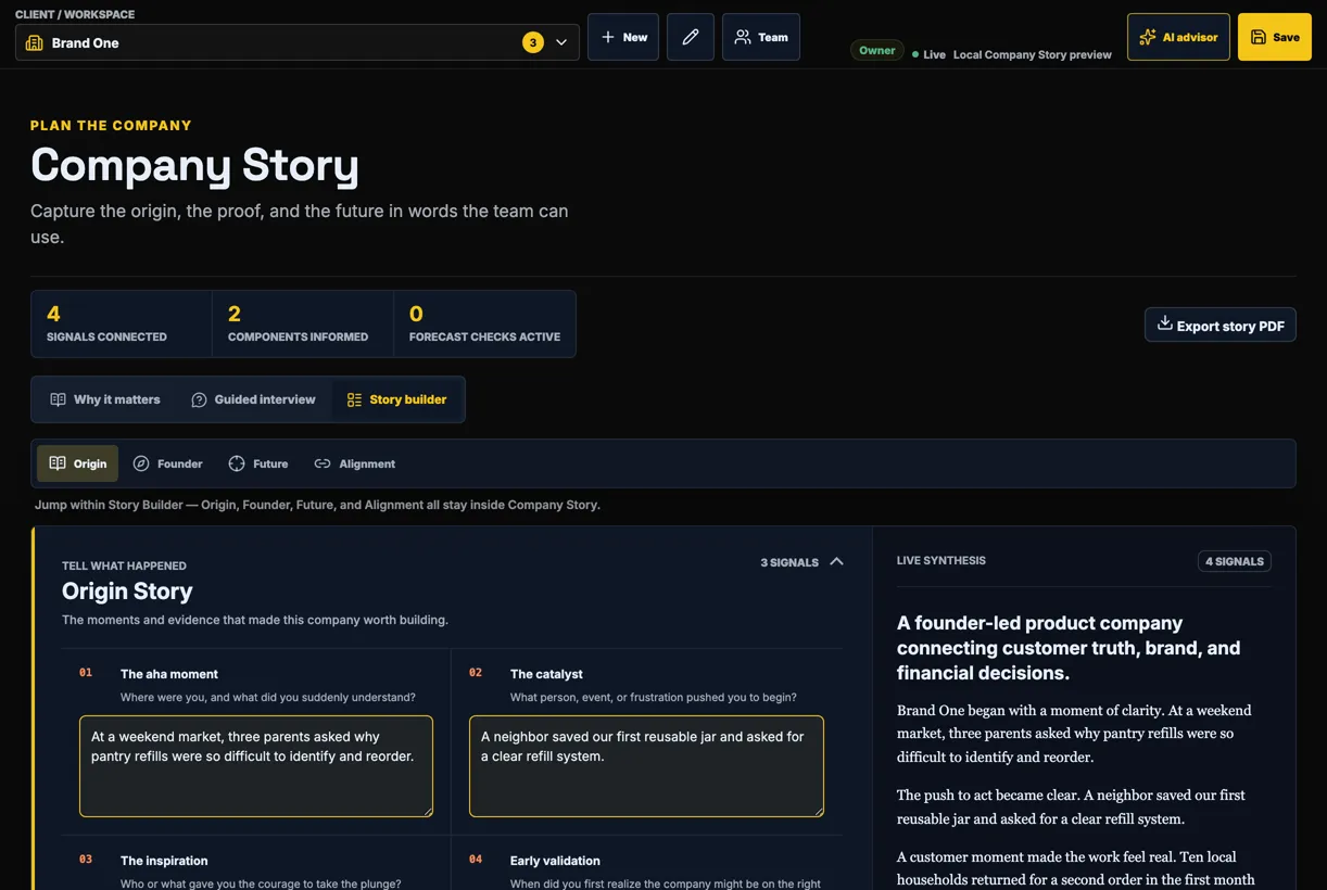Company Story module for origin, founder perspective, and strategic narrative