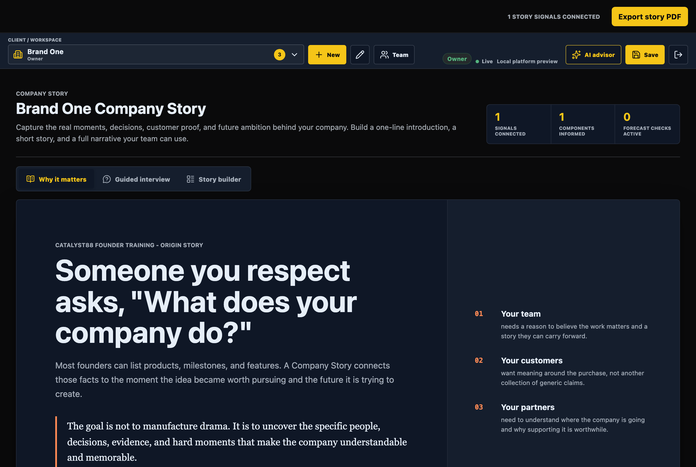 Company Story module for origin, founder perspective, and strategic narrative