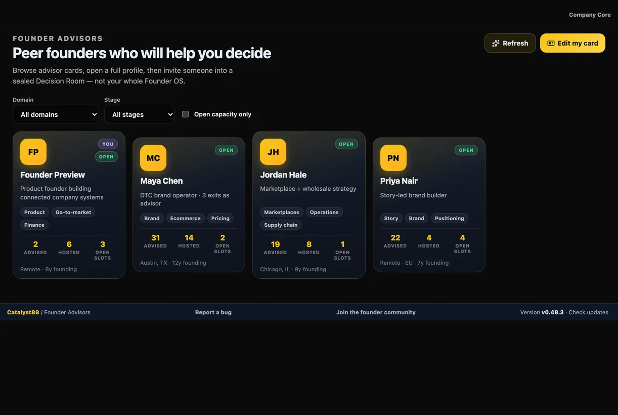 Founder Advisors directory with peer cards, domains, capacity, and open slots