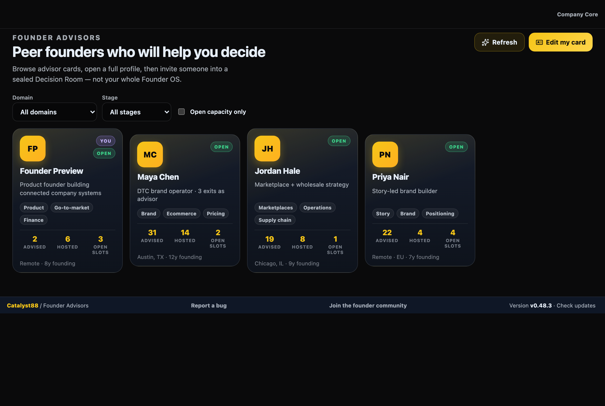 Founder Advisors directory with peer cards, domains, capacity, and open slots