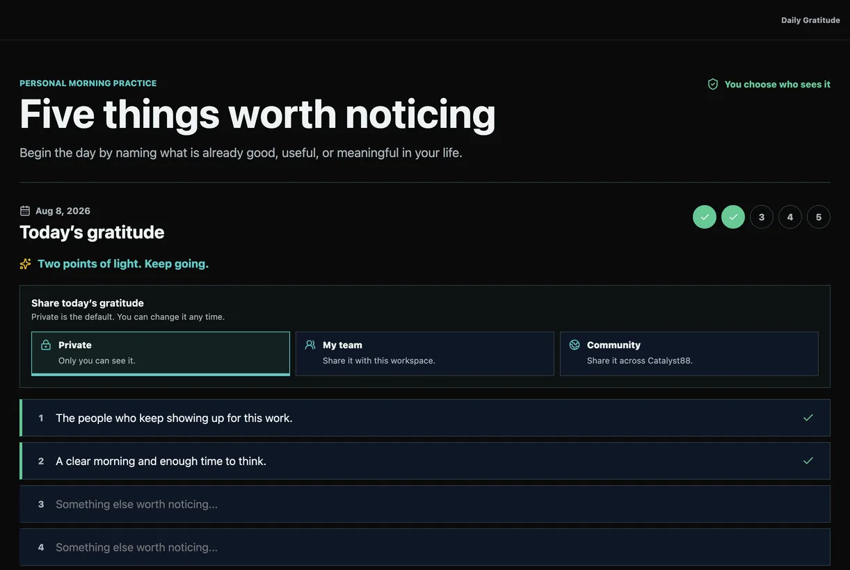 Daily Gratitude morning practice with five entry slots, streak, and share controls
