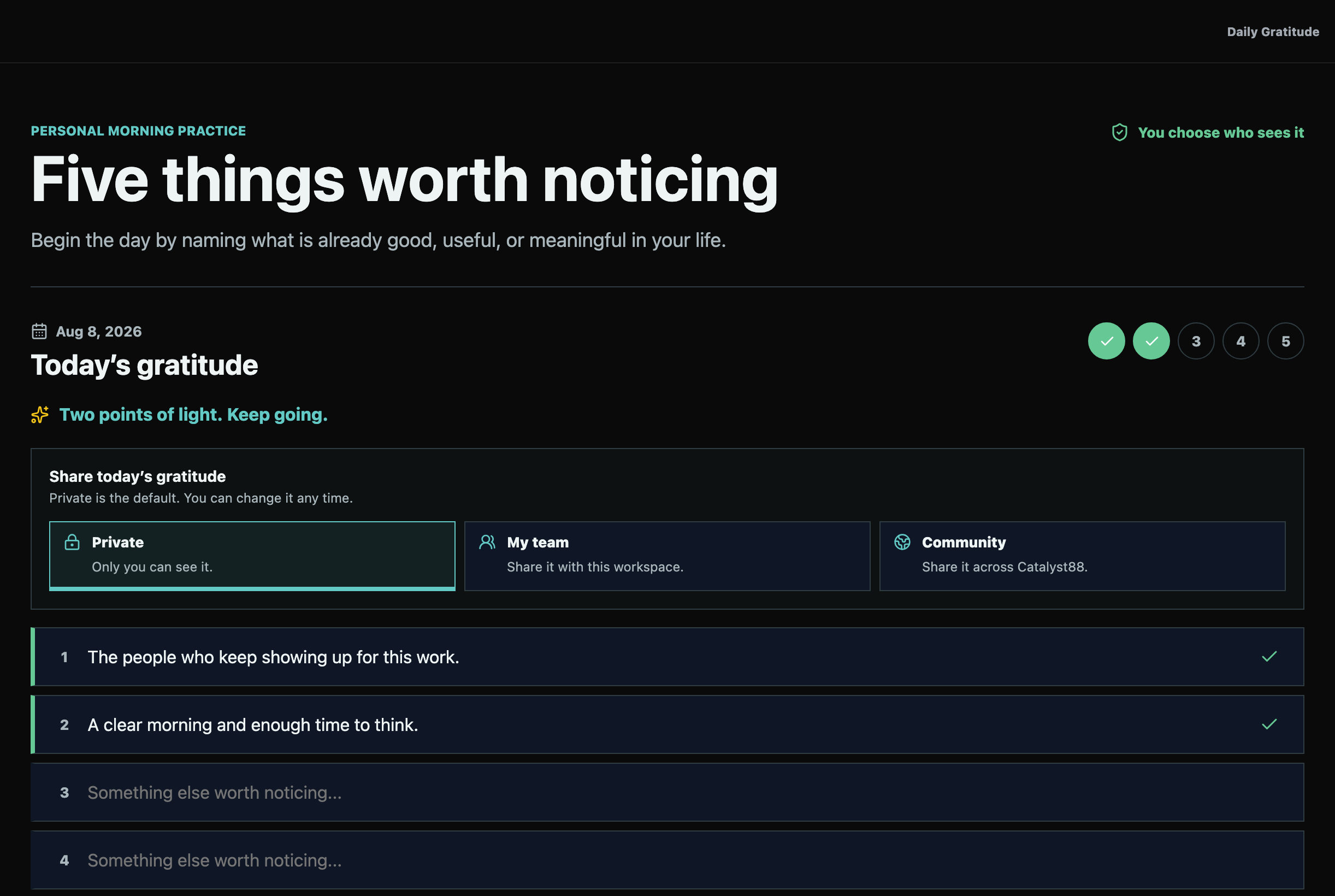 Daily Gratitude morning practice with five entry slots and share controls
