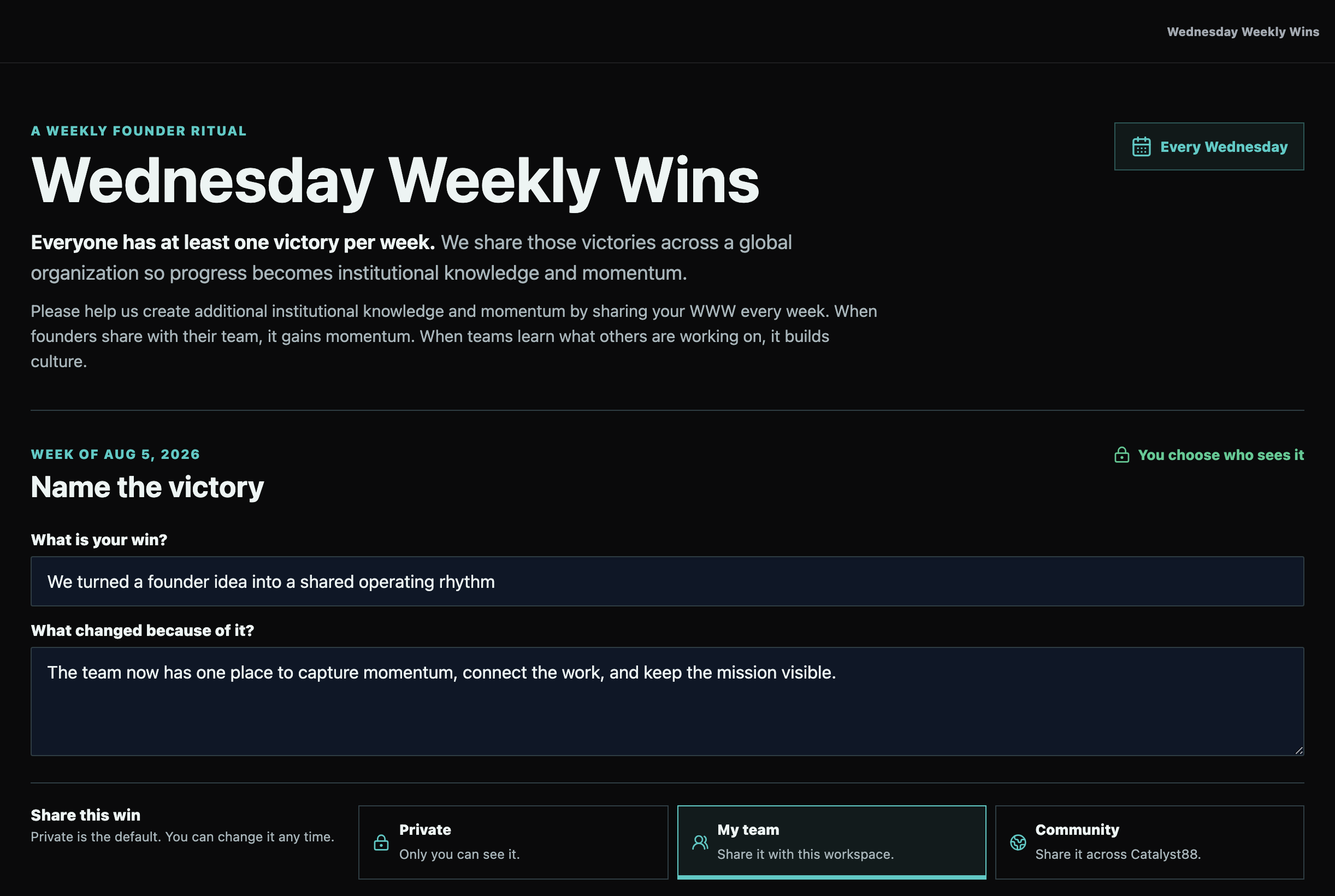 Wednesday Weekly Wins capture form with team and community momentum